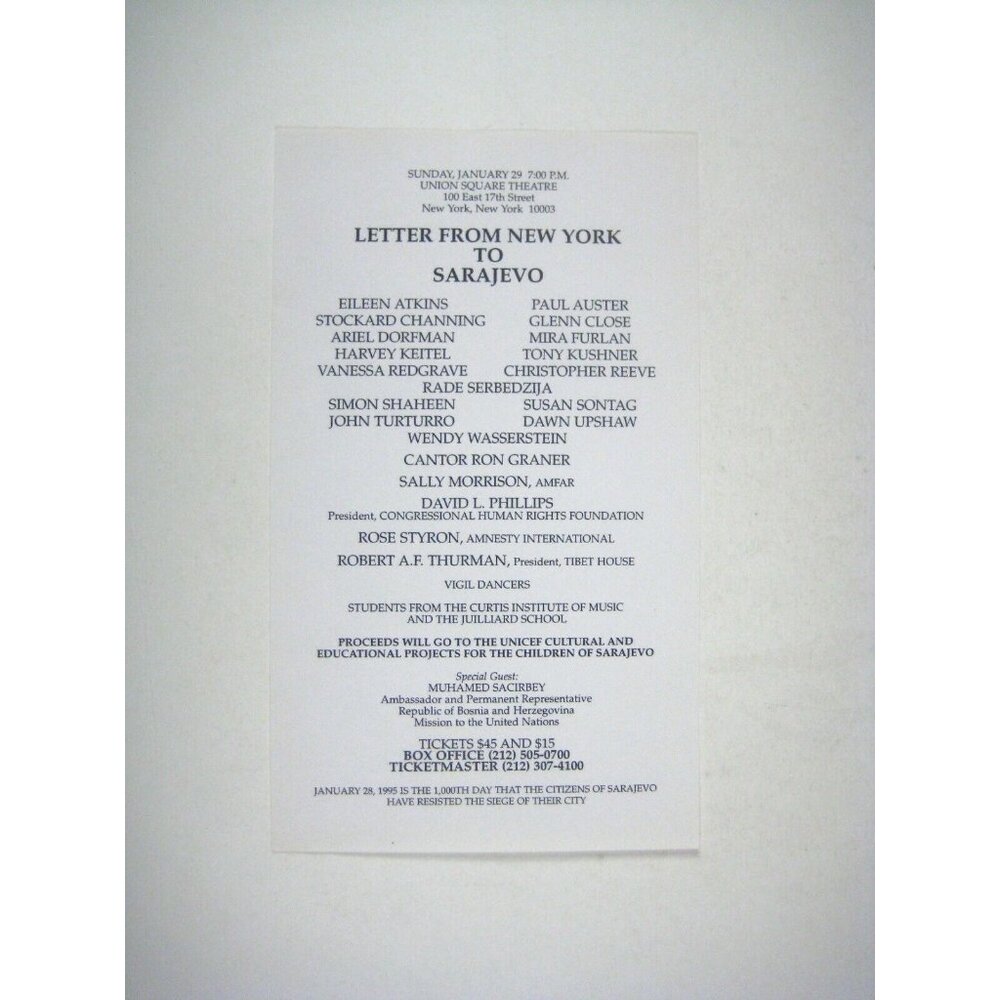 Letters from New York to Sarajevo Flyer 1995 Eileen Atkin Stockard Channing